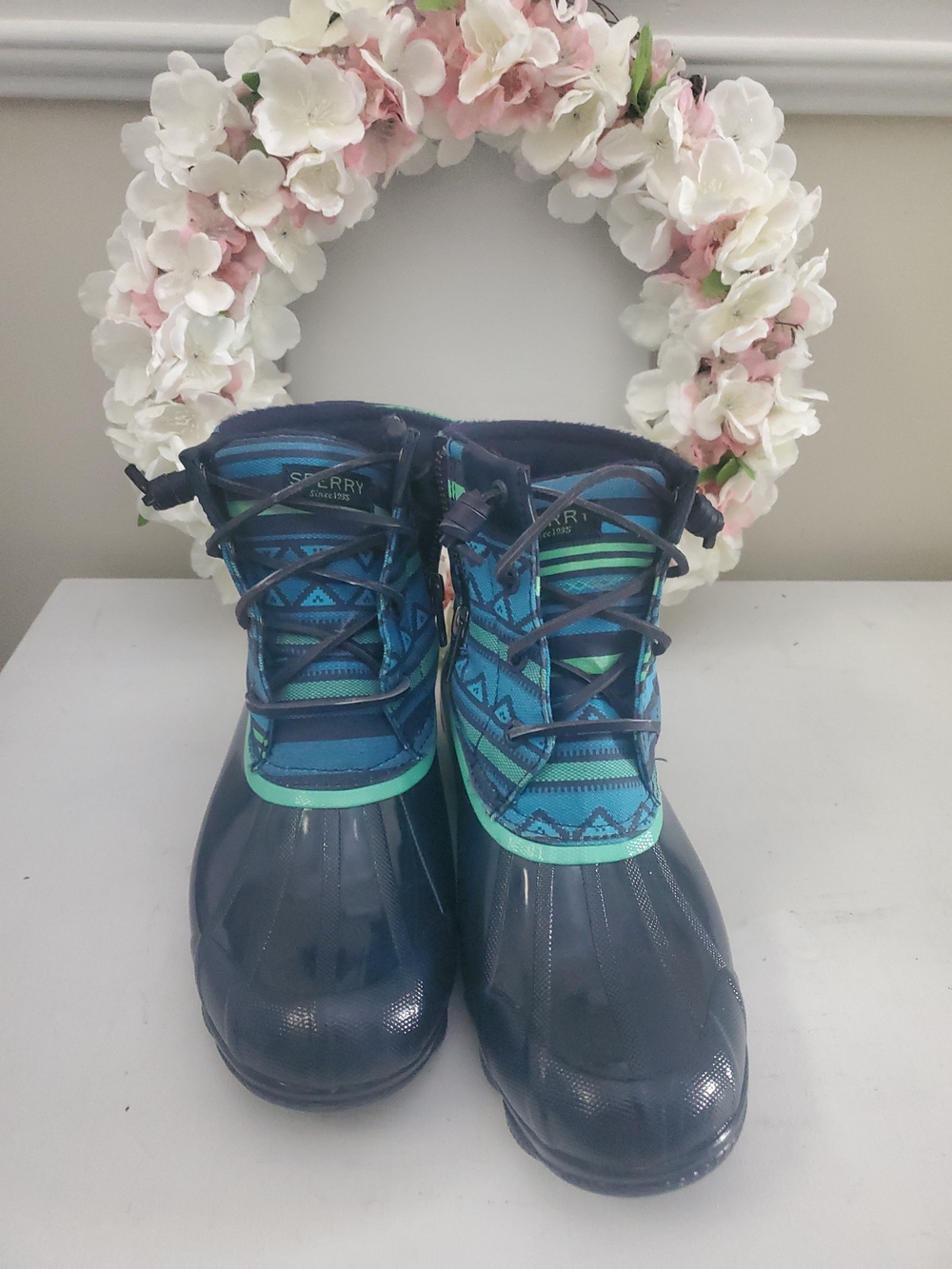 Sperry Top-Sider Saltwater Duck Rain Boots Blue Tribal Print Women's 6.5
